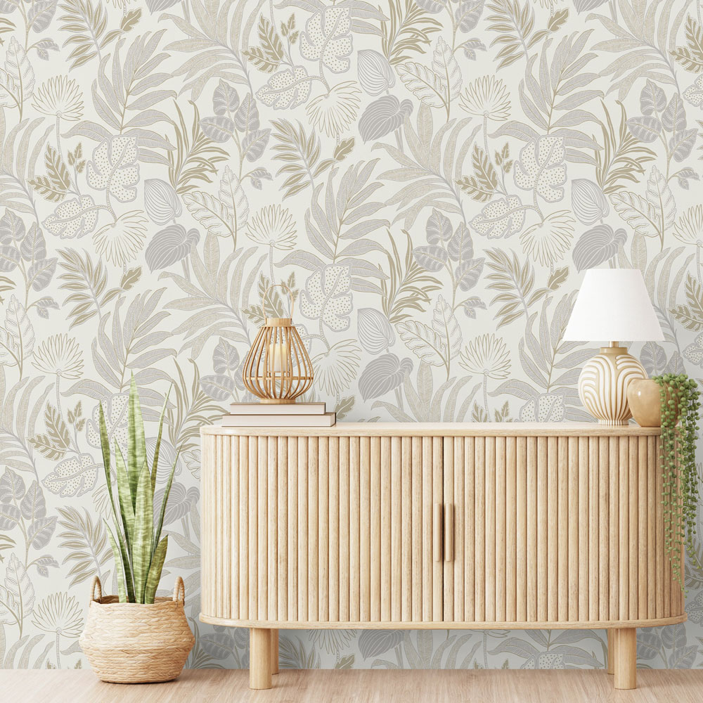 Grandeco Kew Botanical Leaves Blown Vinyl Textured Neutral Wallpaper Image 2