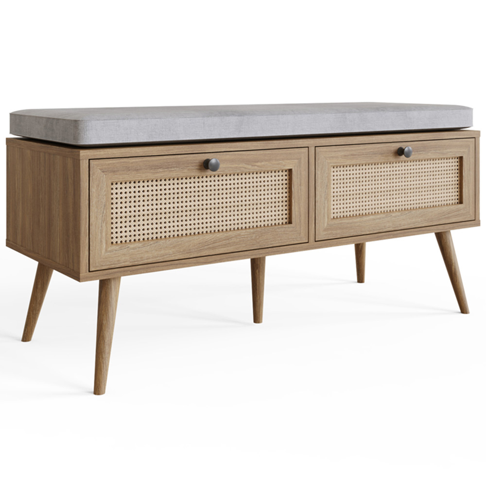 GFW Noor 2 Drawer Oak Rattan Shoe Cabinet with Cushioned Seat Image 2