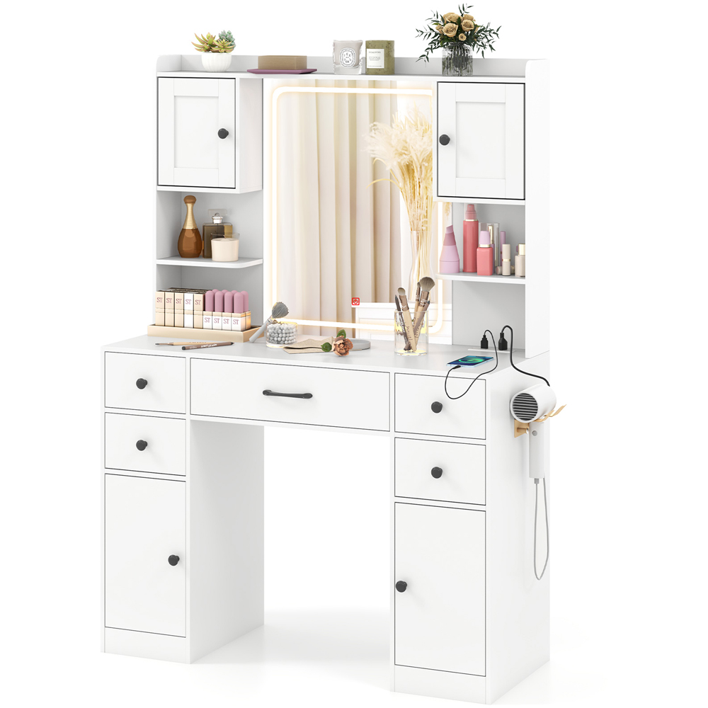 Costway White 5 Drawer 2 Door Makeup Table with LED Mirror Image 3