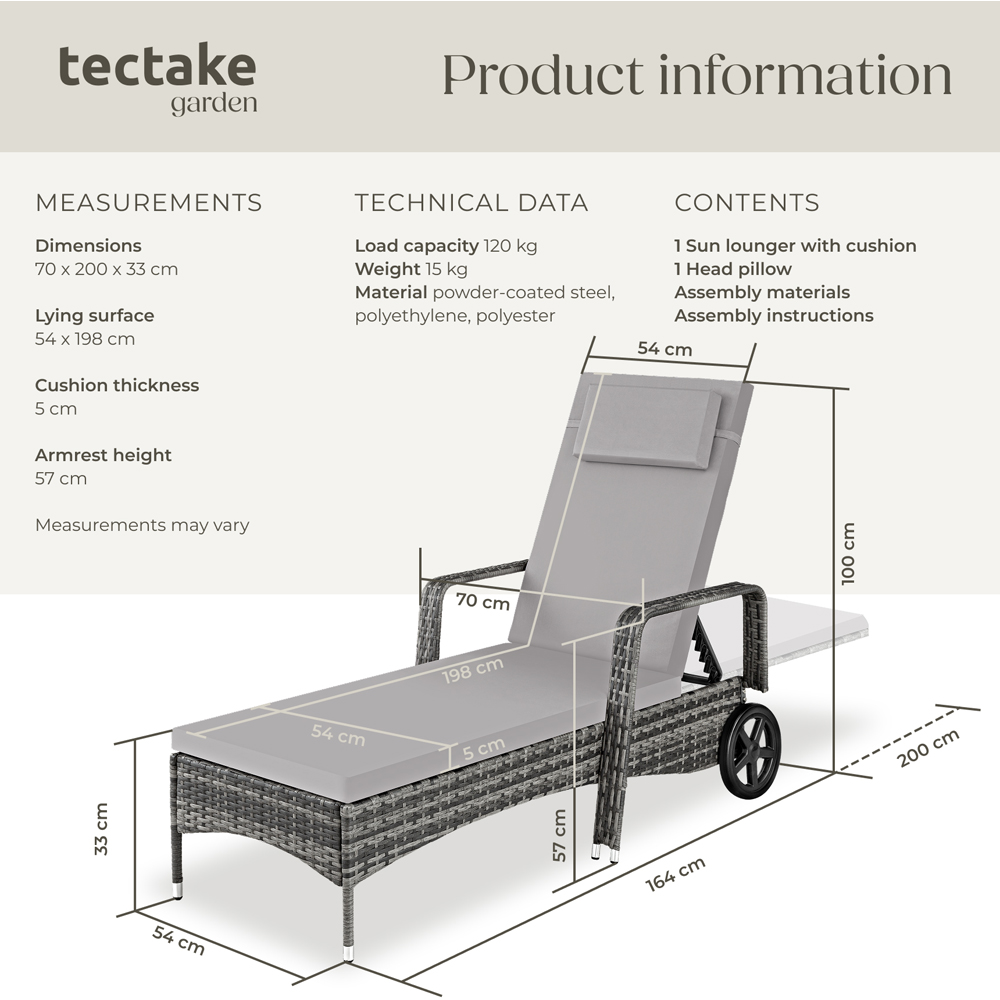 tectake Black and Beige 6 Level Adjustable Sun Lounger with Soft Pillow and Wheels Image 8