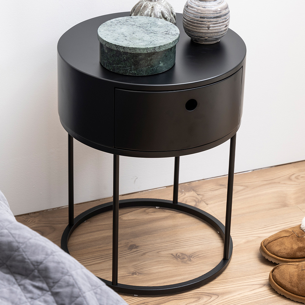 Florence Polo Single Drawer Black Round Bedside Table Image 1