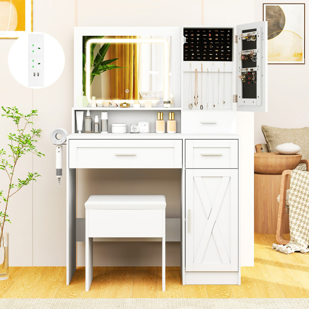 Costway Farmhouse White Dressing Table and Stool Set with Charging Station and LED Mirror Image 3