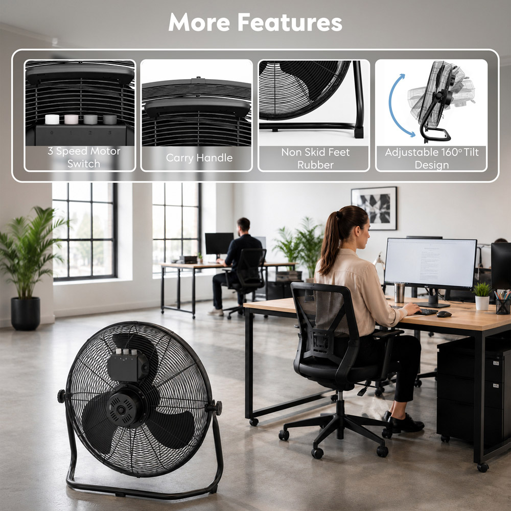 Air Pro Black 3 Speed Powerful Air Cooling and Circulating Floor Fan 20 inch Image 7