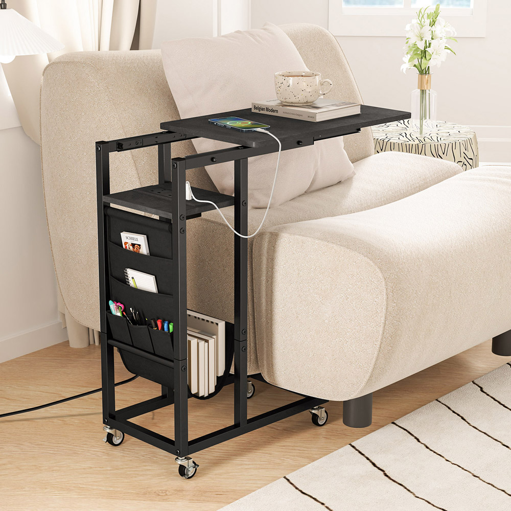 Costway Black C Shaped End Table Rolling with Charging Station and Retractable Tabletop Image 4
