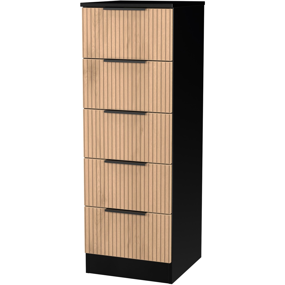 Crowndale Java 5 Drawer Slatt Effect and Black Tall Bedside Cabinet Image 4
