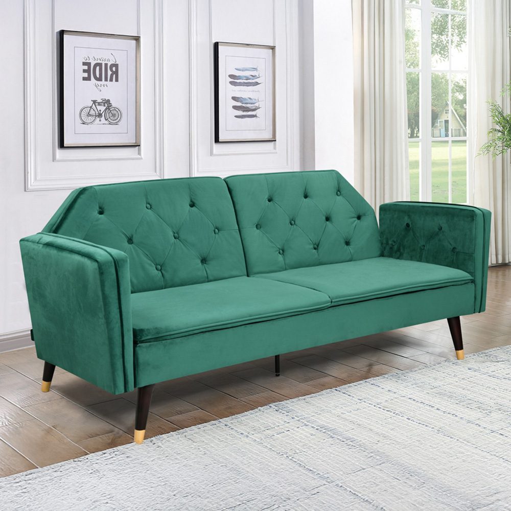 Comfy Living 3 Seater Green and Gold Plush Velvet Tufted Sofa Bed Image 1