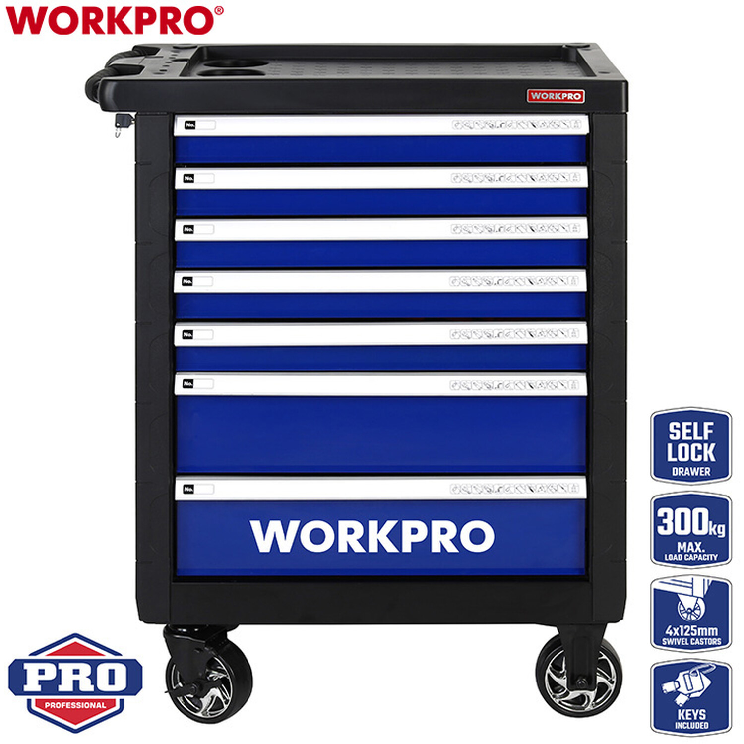 Workpro 7 Drawer Tool Roller Cabinet on Wheels - Black Image 2