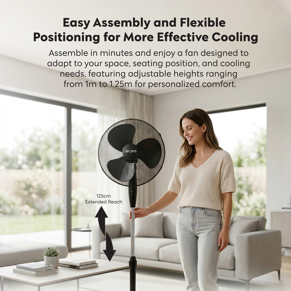 Air Pro Black Mono Height Adjustable Oscillating Air Cooling and Circulator Pedestal Fan 16 inch Image 5