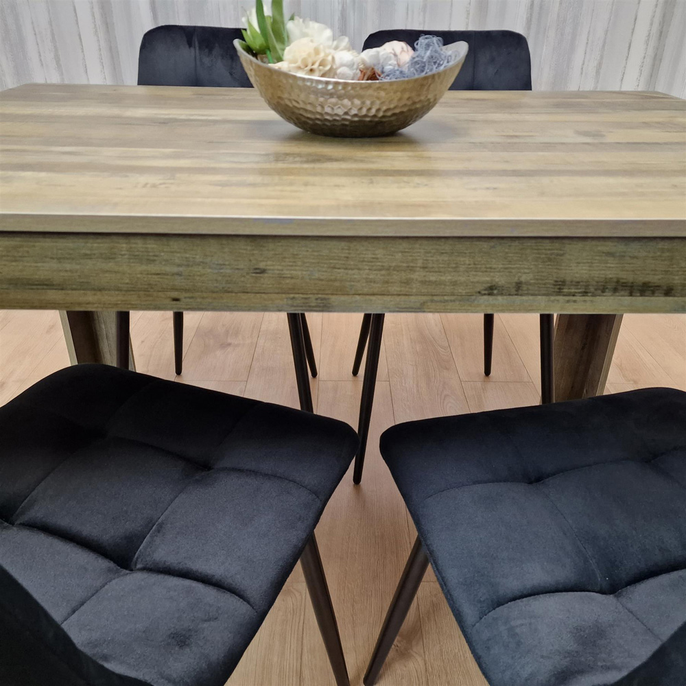 Portland 4 Seater Dining Set Rustic Effect and Black Velvet Image 4