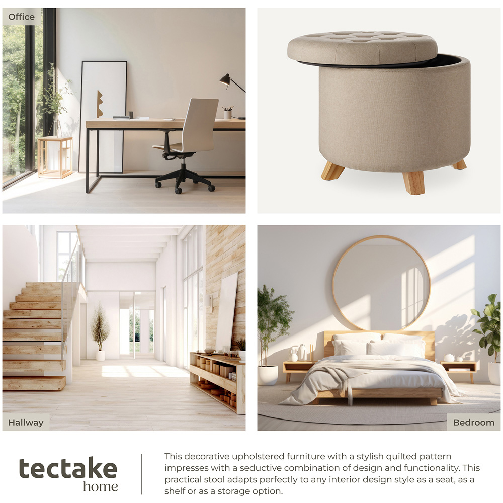 tectake Suna Sand Linen Look Padded Round Stool with Storage Image 7