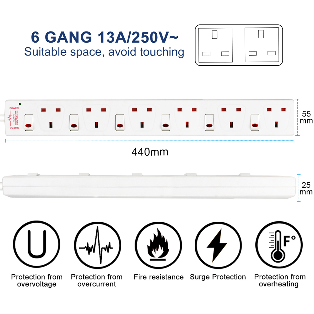 ExtraStar White 13A 1m 6 Socket Individually Switched Surge Protected Extension Lead Image 6