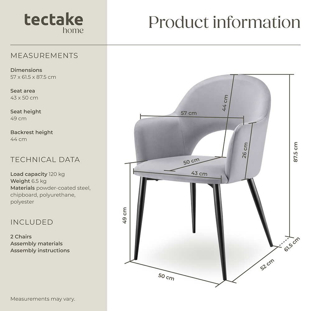 tectake Sasha Set of 2 Light Grey Velvet Dining Chair Image 9