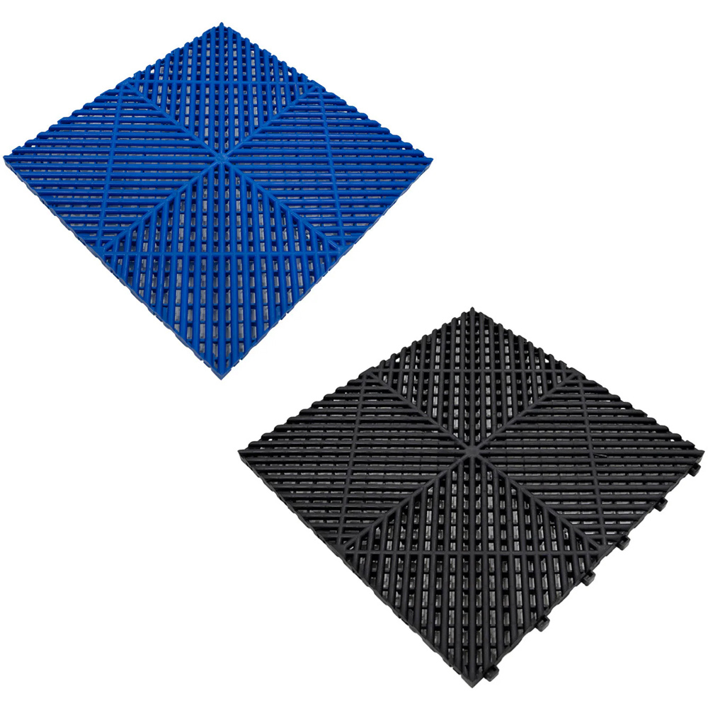 MonsterShop 165 Black and 60 Blue Vented Garage Floor Tiles with Edges and 2 x 14 Hexagon LED Light Image 4