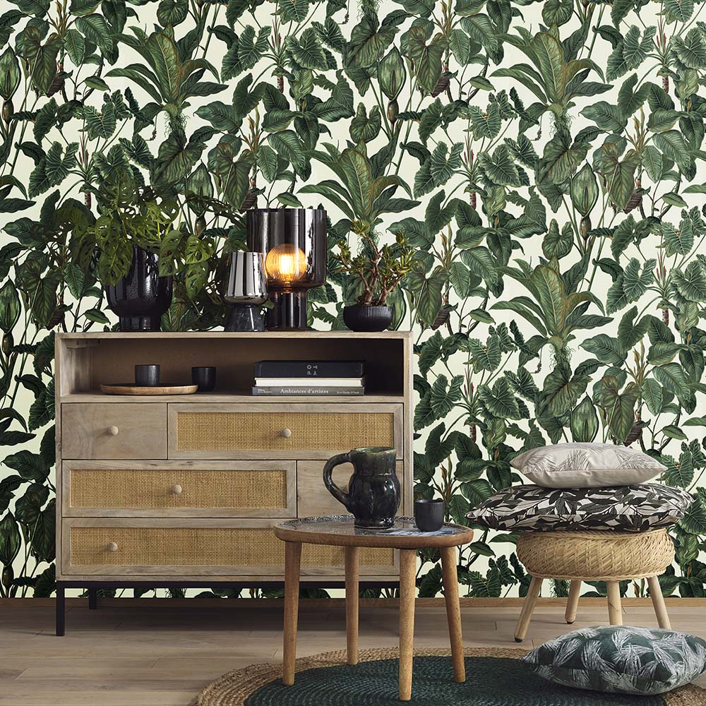 Erismann Paradiso Tropical Leaves White and Green Wallpaper Image 5