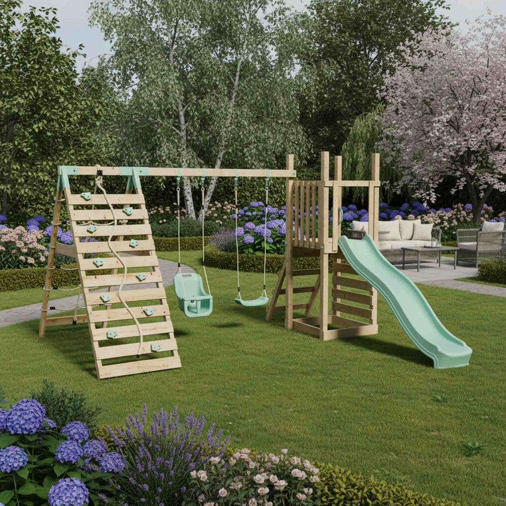 Mercia Mountain Climbing Frame Play Tower with Slide Swing Baby Seat Swing and Climbing Frame Wall Image 2