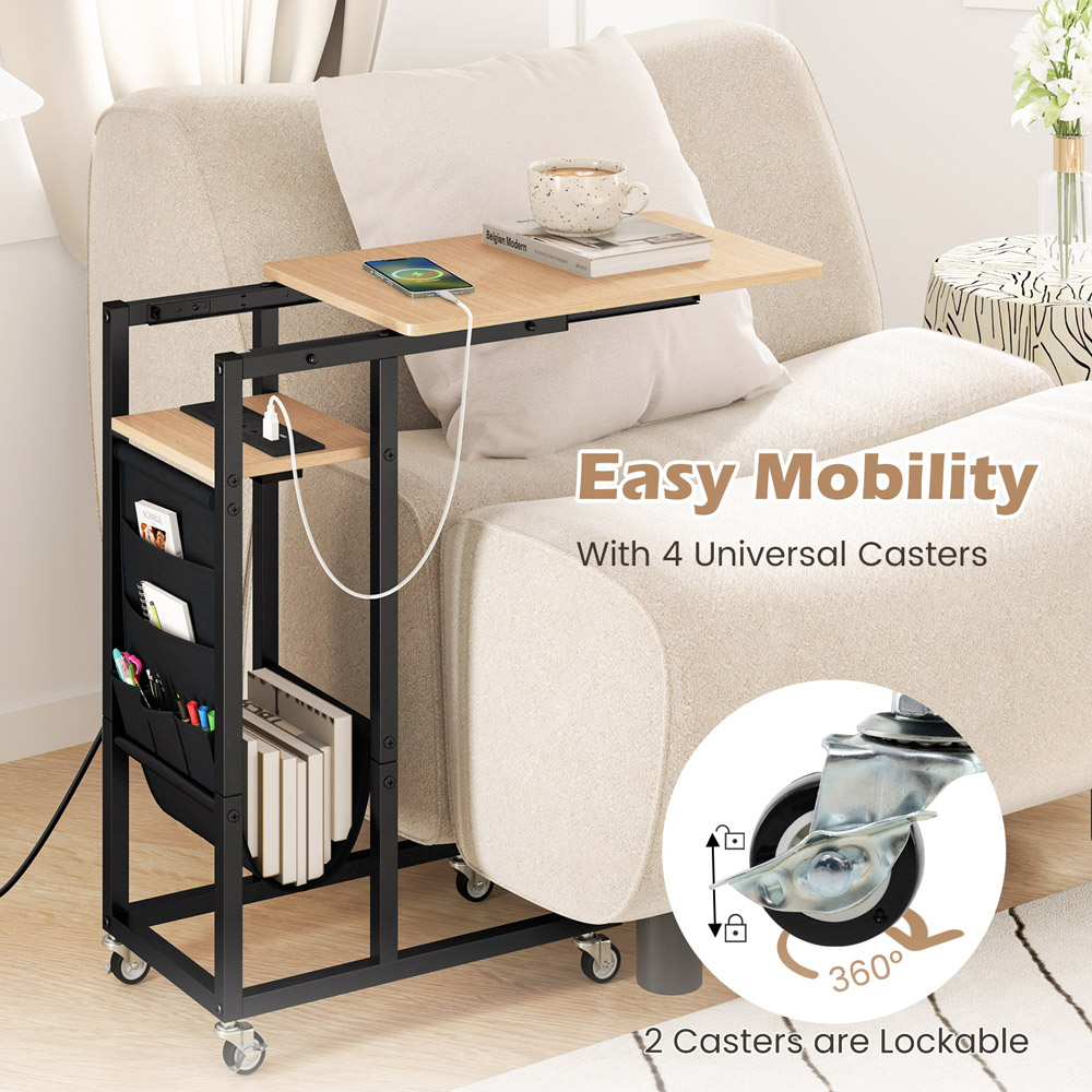 Costway Natural C Shaped End Table Rolling with Charging Station and Retractable Tabletop Image 8