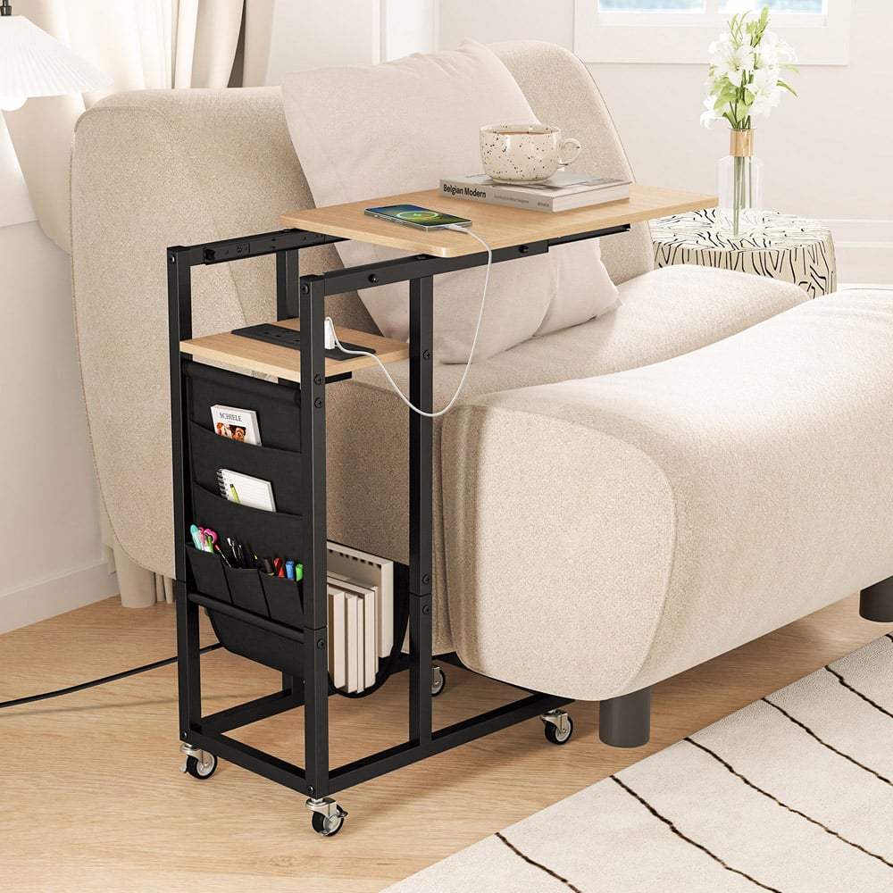 Costway Natural C Shaped End Table Rolling with Charging Station and Retractable Tabletop Image 4