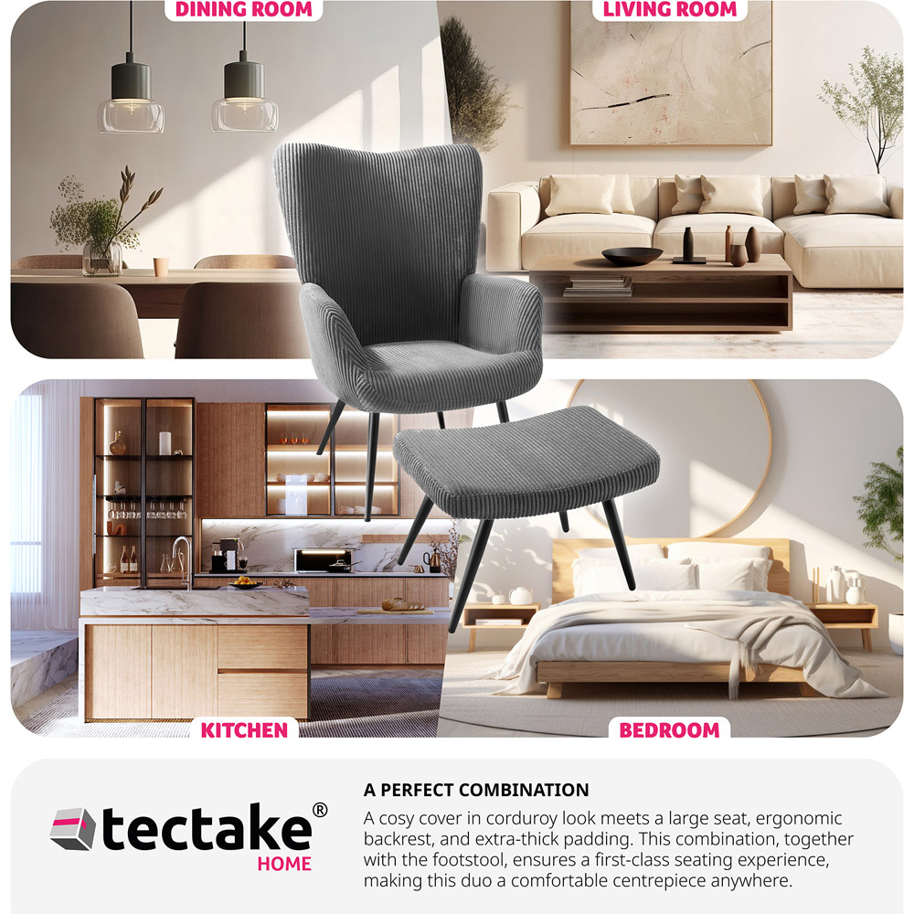 tectake Hygge Wide Corduroy Anthracite and Black Padded Armchair with Stool Image 7