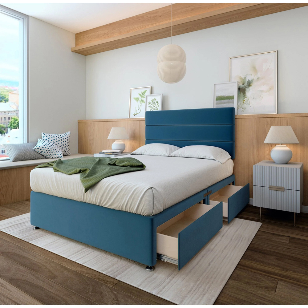 Bedmaster King Size Marine Blue Plush Velvet 2 Drawer Divan Base with Milan Headboard Image 2