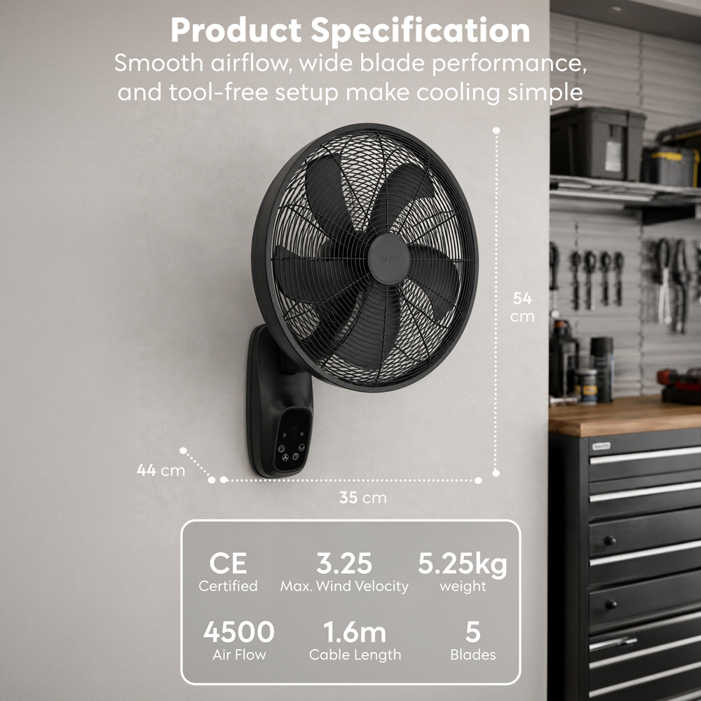 Air Pro Black Adjustable Wall Mounted Electric Fan with Remote 16 inch Image 9