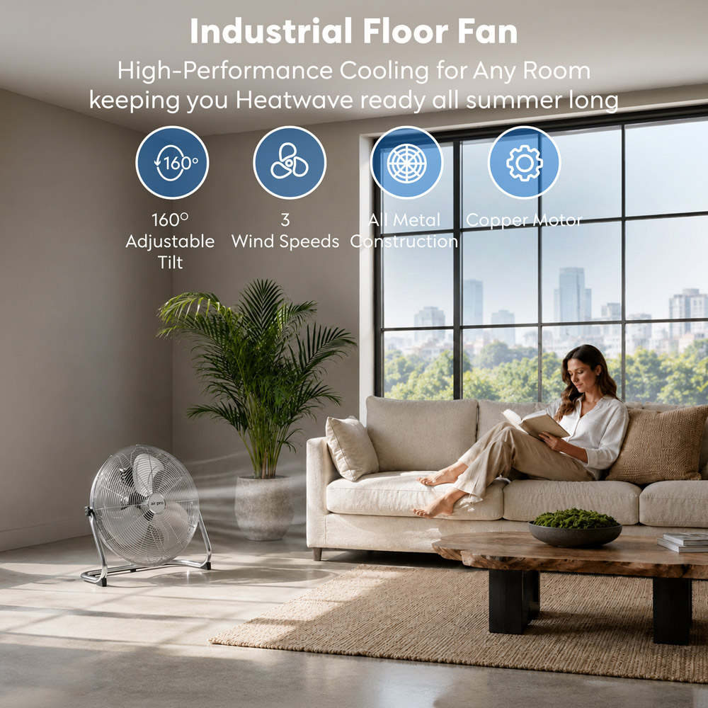 Air Pro Silver Chrome 3 Speed Powerful Air Cooling and Circulating Floor Fan 20 inch Image 2