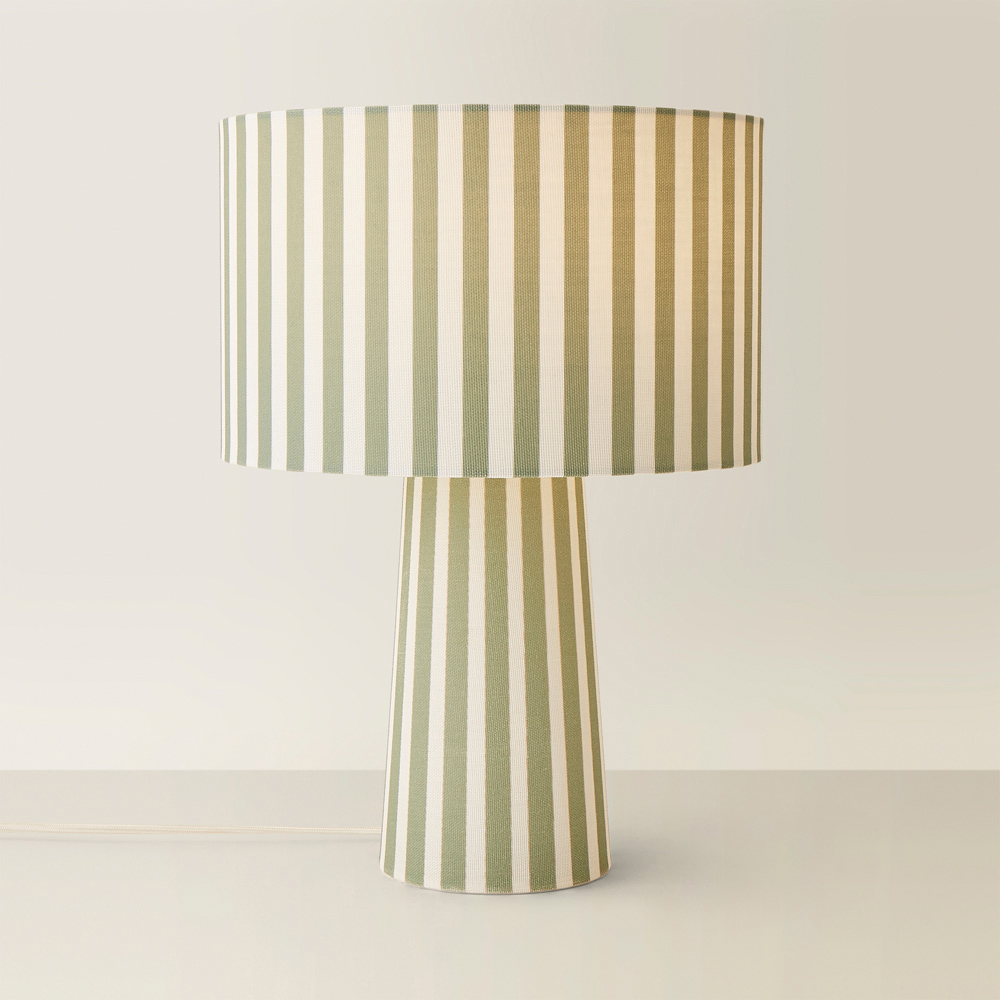 ValueLights Thorley Green and Cream Stripe Drum Shade Full Fabric LED Table Lamp Image 5