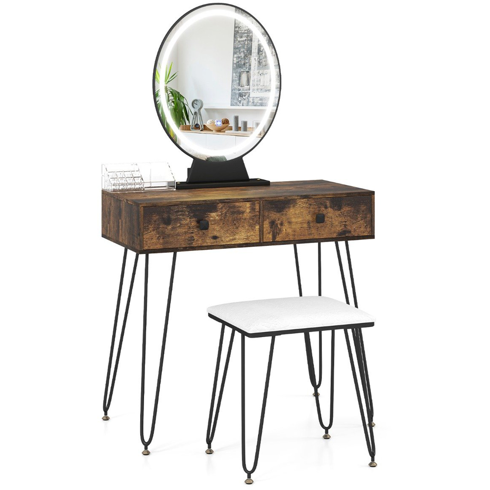 Costway Rustic Brown Vanity Desk Set with LED Mirror and Cushioned Stool Image 2