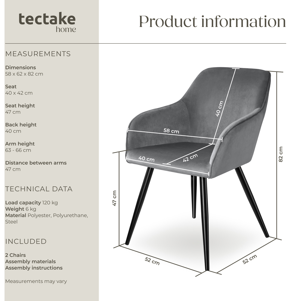 tectake Marilyn Set of 2 Grey and Black Velvet Dining Chairs Image 8