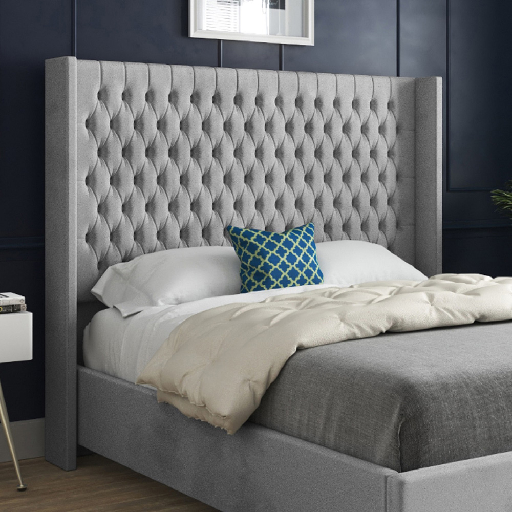 Volta Small Double Grey Soft Velvet Upholstered Bed Frame with Straight Winged Headboard Image 3