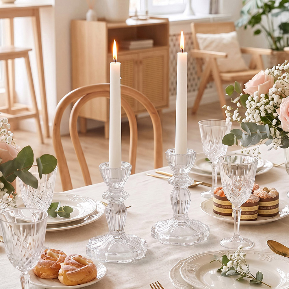 Living and Home Clear Glass Wide Base Candlestick Holder Set of 2 Image 2