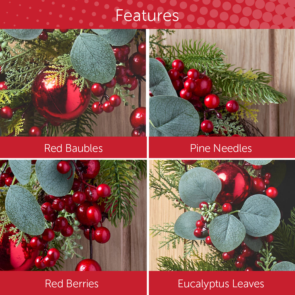 The Christmas Workshop Artificial Wreath with Red Baubles 45cm Image 7