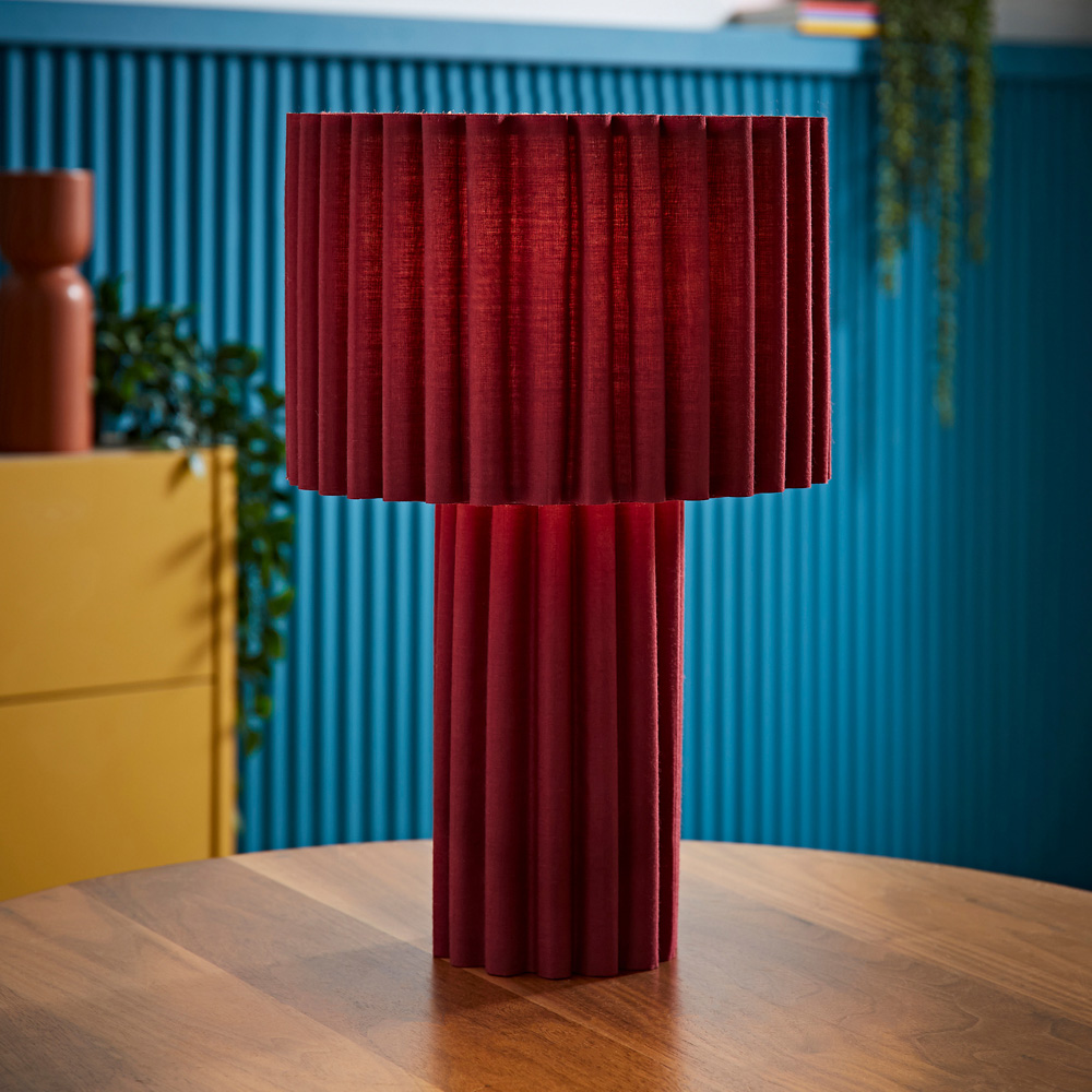 ValueLights Lenny Burgundy Wine Drum Lamp Shade Ribbed Full Fabric LED Table Lamp Image 2