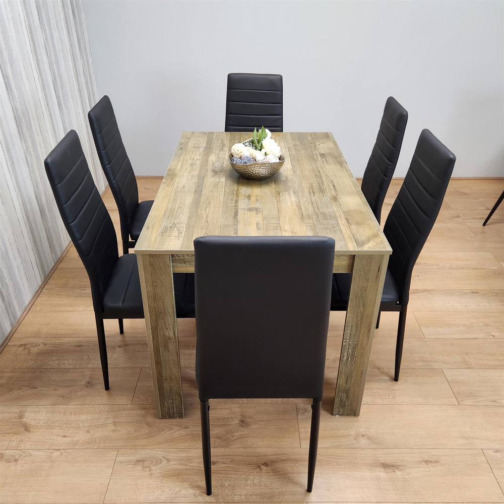 Portland 6 Seater Dining Set Rustic Effect and Black Metal Image 4