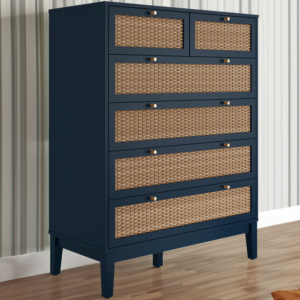 Bordeaux 6 Drawer Blue Rattan Chest of Drawers Image 1