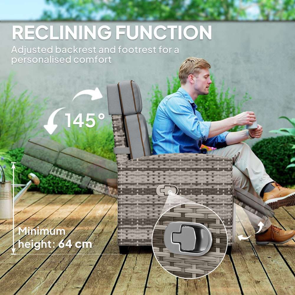 Outsunny Mixed Grey Rattan Garden Recliner Sun Lounger with Flip Table Image 4