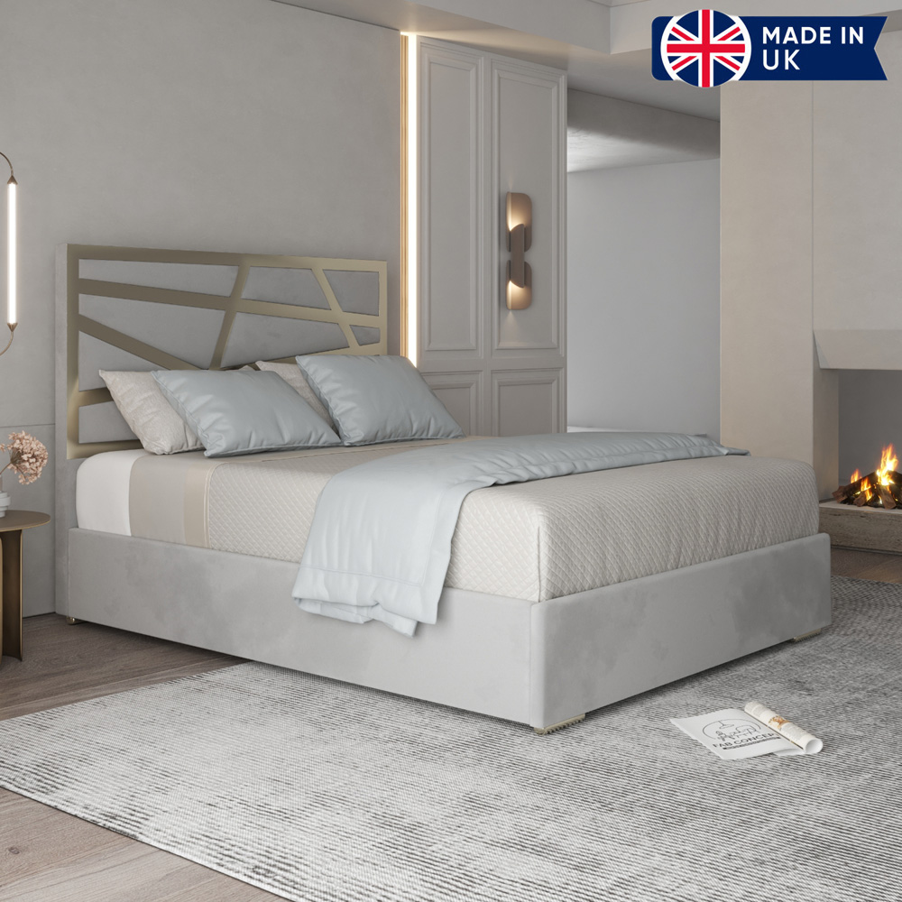 Arabella Grey Double Velvet Upholstered Metal Bed Frame with Panelled Headboard Image 6