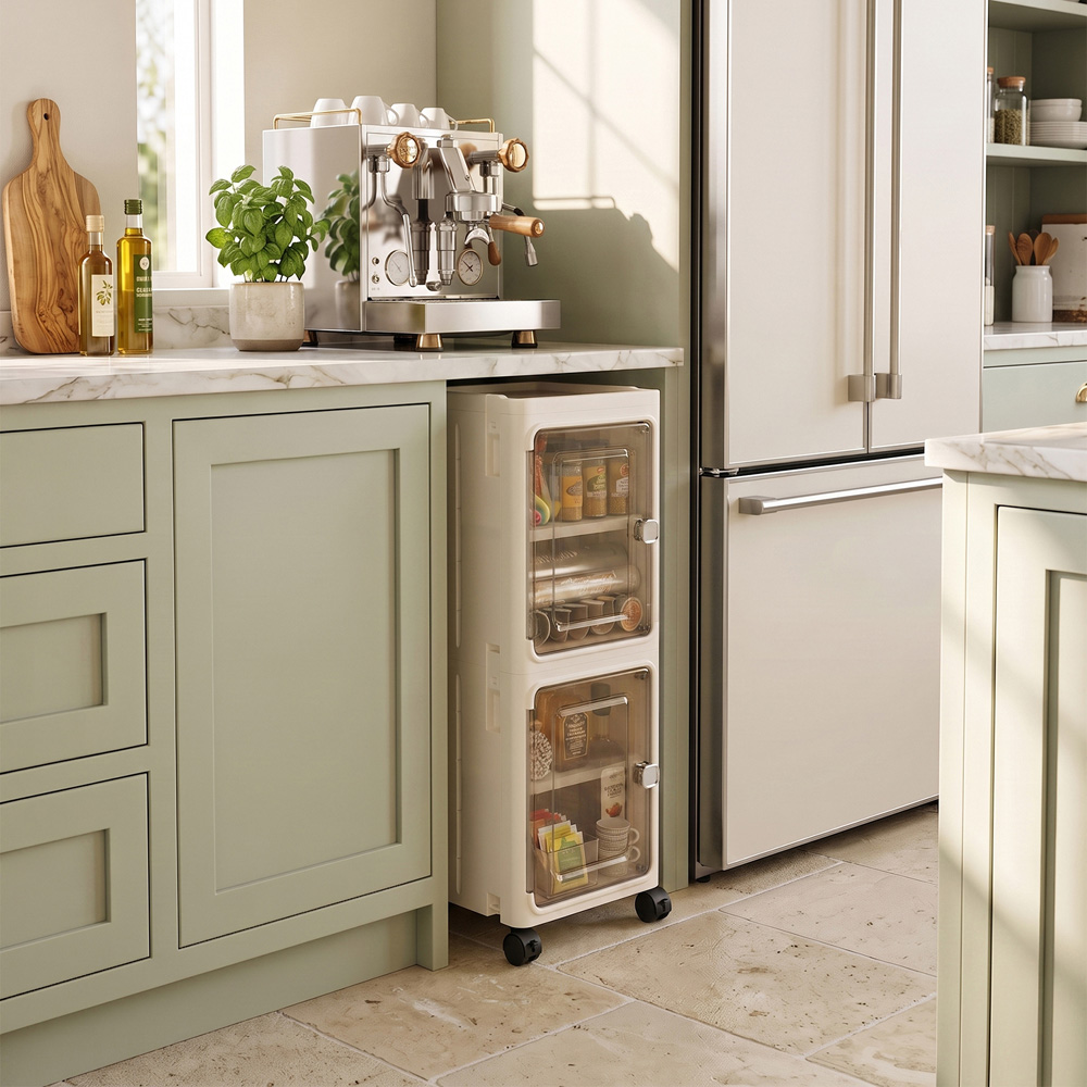 Living and Home 2-Tier White Slim Storage Cabinet with Wheels Image 7