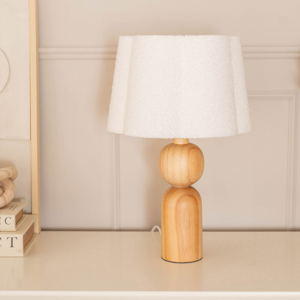 ValueLights Azalea Cream Boucle Scallop Shade Rustic Wooden LED Table Lamp Image 3