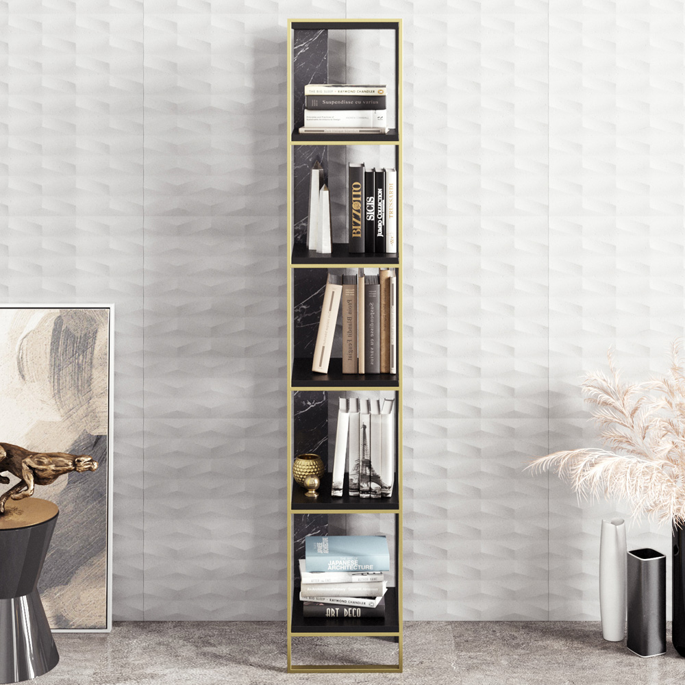Decorotika Polka 5 Shelf Black Marble and Gold Bookshelf Image 3