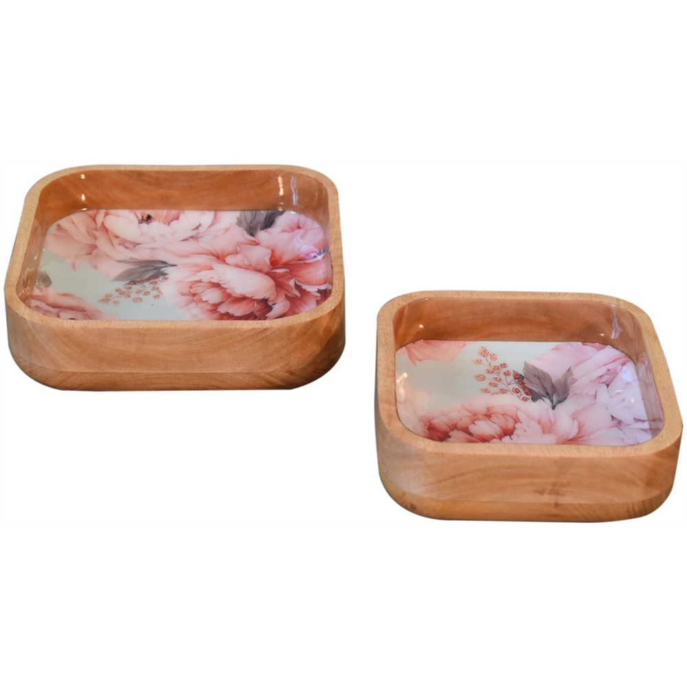 Artisan Furniture Floral Pink Solid Wood Square Bowl 2 Pack Image 3
