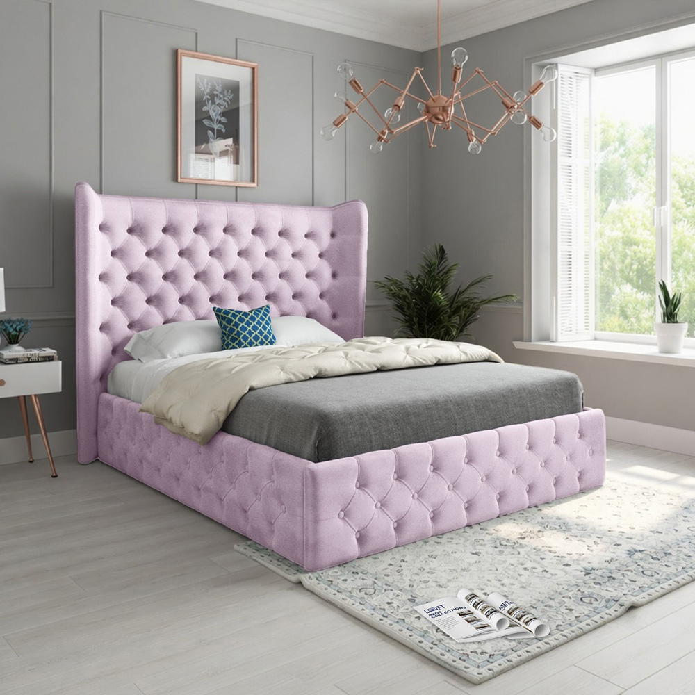 Florence Pink Small Single Velvet Upholstered Bed Frame with Wide Winged Chesterfield Headboard Image 5