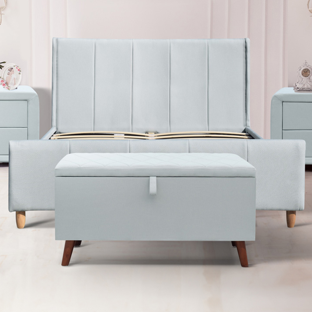 Brooklyn Double Blue Linen Fabric Bed Frame with Blanket Box Image 1