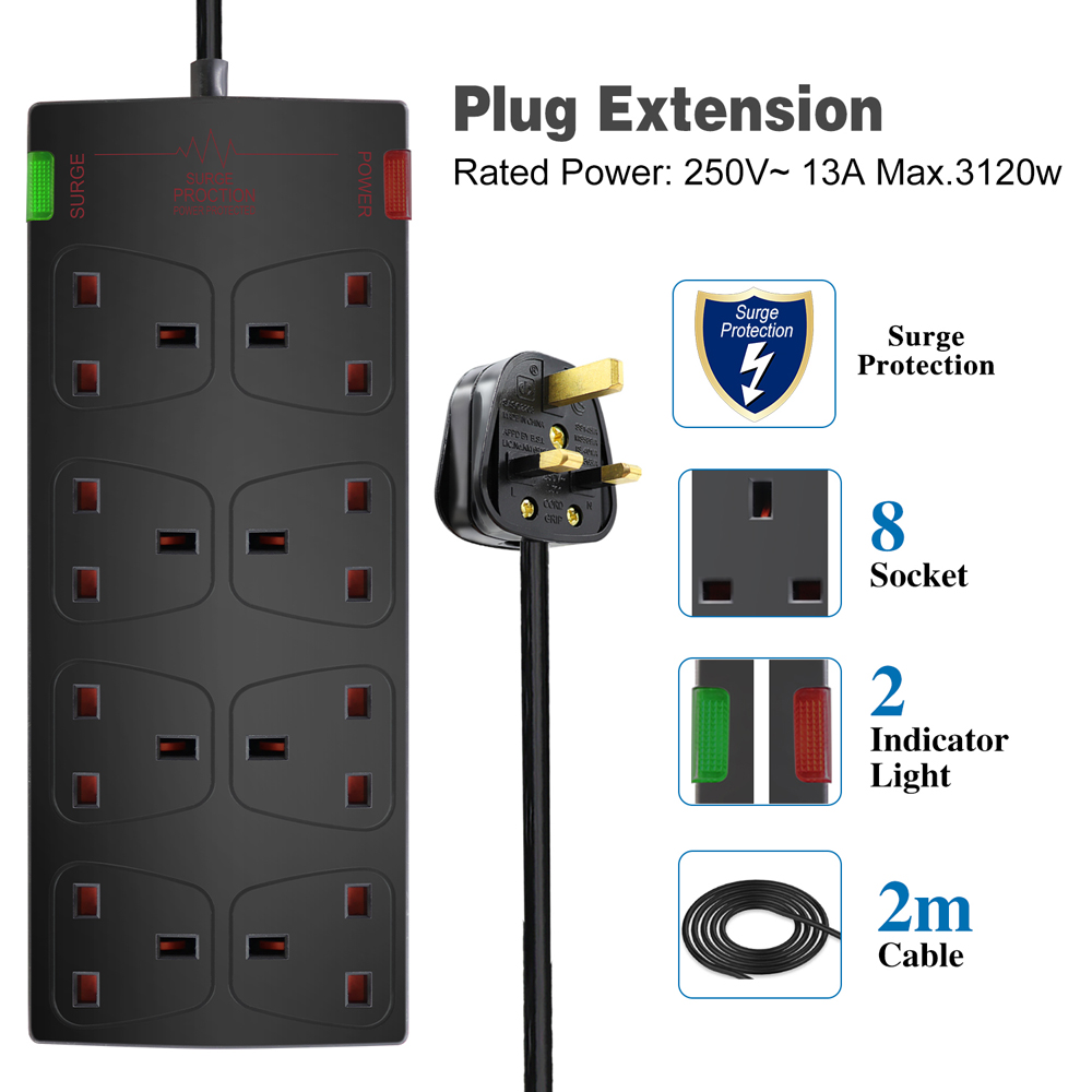 ExtraStar Black 13A 2m 8 Socket Surge Protected Extension Lead Image 2