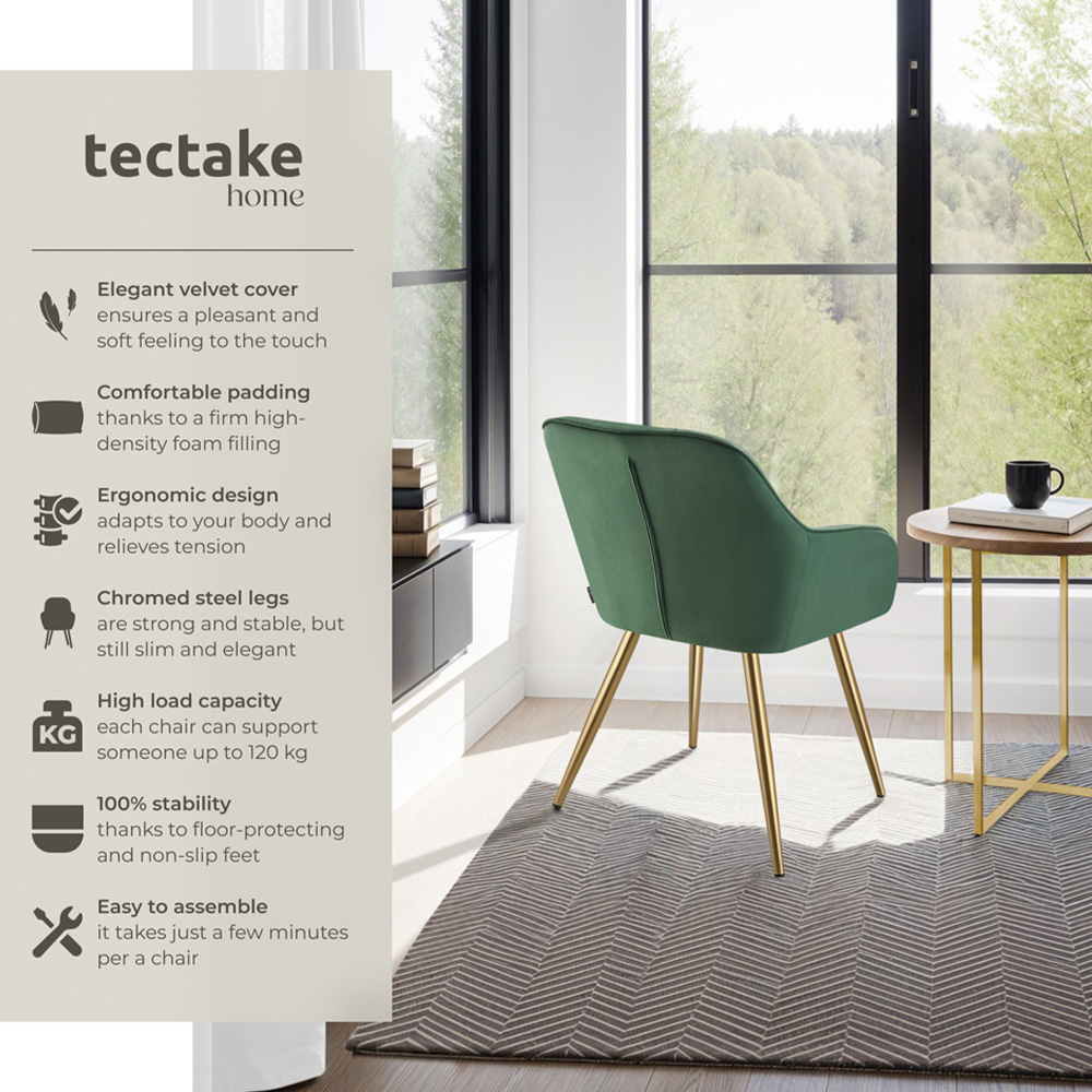 tectake Marilyn Dark Green and Gold Quilted Velvet Dining Chair Image 3