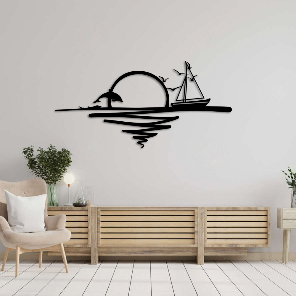 Decortie Sunrise and Sailing Boat Textured Black Large Metal Wall Art Image 2