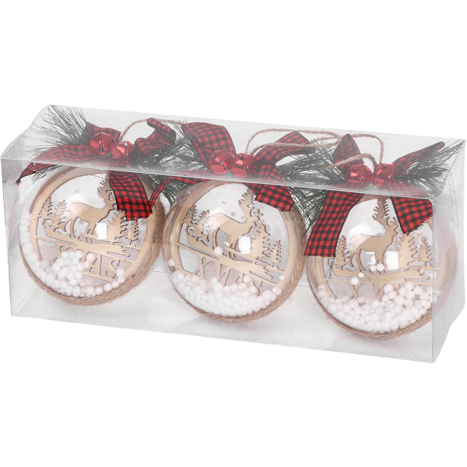 Set of 3 Snow Filled Scandi Baubles Natural Image 2