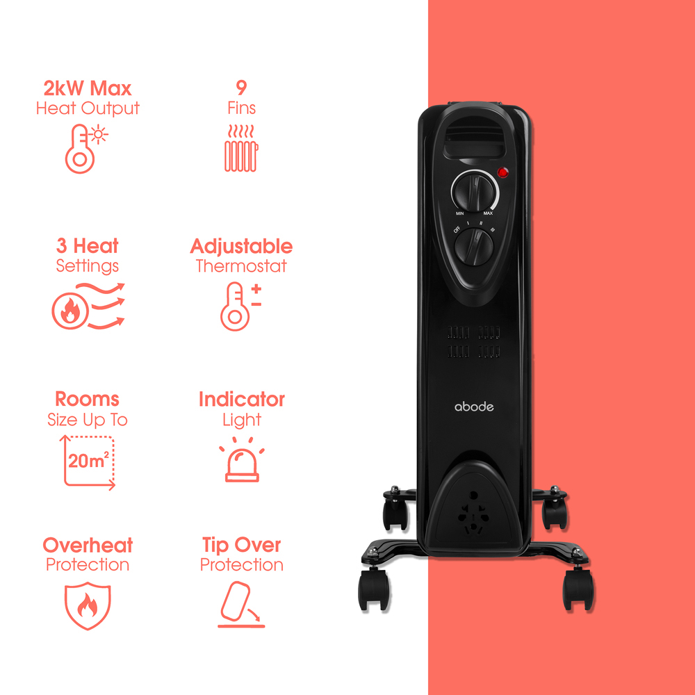 Abode AOFR9003B Black 9 Fin Oil Filled Radiator in Black 2000W Image 7