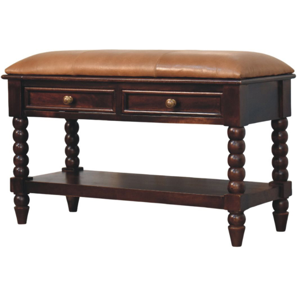 Artisan Furniture Spindle 2 Drawer Single Shelf Winewood Oak Leather Upholstered Solid Wood Bench Image 3