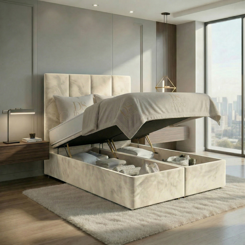 DS Living Harmony Single Cream Plush Velvet Ottoman Bed Image 2