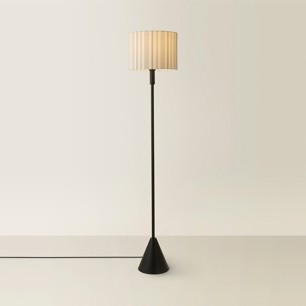 ValueLights Mitch Linen Stripe Lamp Shade Dark Walnut Wood Triangle LED Floor Lamp Image 5